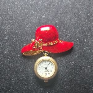 Vintage Red Hat Brooch with Watch Pendant